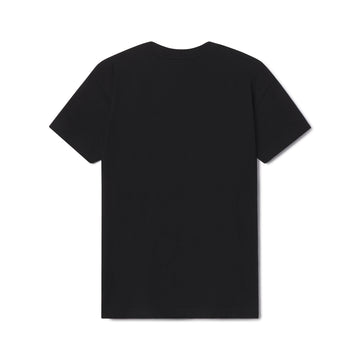 Black t-shirt on a white background view of the back of the tee